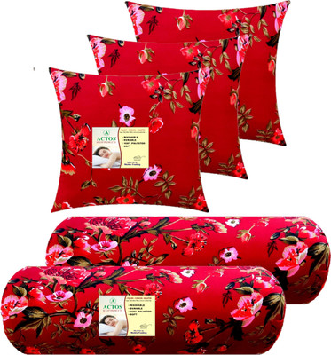 ACTOS Combo Set Of 3 Cushion And 2 Microfibre Floral Bolster Pack of 5(Maroon, Multi51)