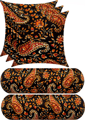 GKM Combo Set Of 3 Cushion And 2 Microfibre Floral Bolster Pack of 5(Black, Multicolor18)