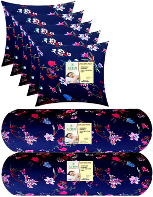 ACTOS Combo Set Of 5 Cushion And 2 Microfibre Floral Bolster Pack of 7(Blue, Multicolor44)