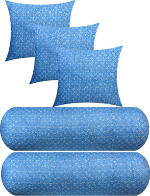 GKM 3 Cushion And 2 Microfibre Floral Bolster Pack of 5(Light Blue)