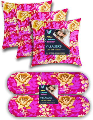 Jaipurlinen Polyester Fibre Bolster Pack of 5 Abstract 3 Cushion and 2 Bolster(Pink)