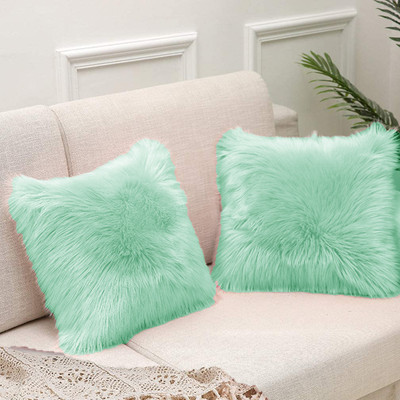 KNEFT Square Shape Fur Pillow Microfibre Solid Cushion Pack of 2(Light Green)