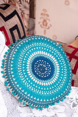Fashion Heavenn Cotton Cushion Pack of 1 Geometric(Blue & Beige with Embroidery)