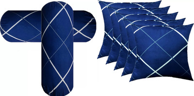 ZOXAB Microfibre Bolster Pack of 7 Solid Combo Set Of 5 Cushion And 2 Microfibre Nature Bolster(Blue Line3)