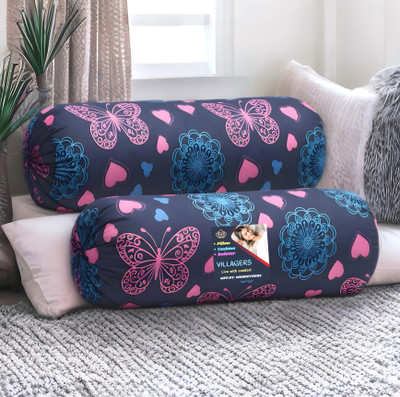 VILLAGERS Microfibre Bolster Pack of 2 Geometric Butterfly & Heart Print Design(Dark Blue)