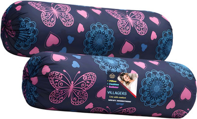 VILLAGERS Microfibre Bolster Pack of 2 Geometric Butterfly & Heart Print Design(Dark Blue)