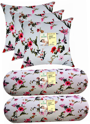 ACTOS Combo Set Of 3 Cushion And 2 Microfibre Floral Bolster Pack of 5(White)