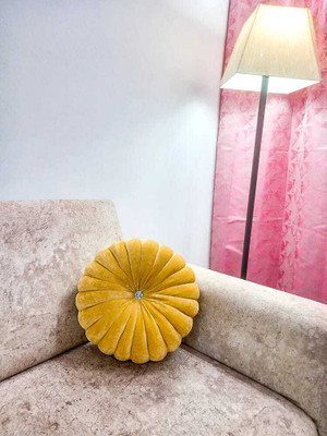 VISHAL TRADER Microfibre Cushion Pack of 1 Solid round smoking velvet diamond cushion(golden)