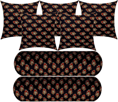 ACTOS 5 Cushion And 2 Microfibre Floral Bolster Pack of 7(Black)