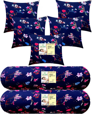 ACTOS Combo Set Of 5 Cushion And 2 Microfibre Floral Bolster Pack of 7(Blue, Multicolor37)