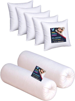 Jaipurlinen Polyester Fibre Bolster Pack of 7 Abstract 5 Cushion And 2 Bolster(White)