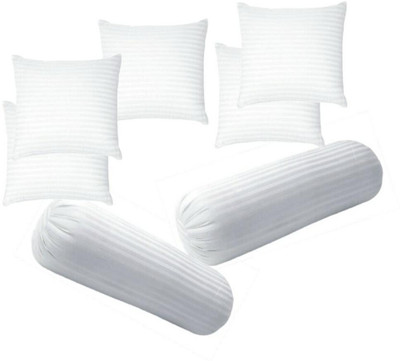 RACCOON Jaipur Made Set Of 5 Cushion & 2 Microfibre Stripes Bolster Pack of 7(White)