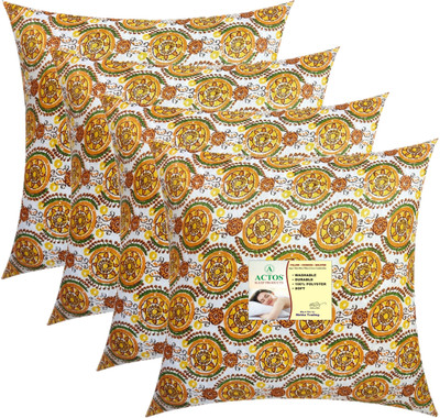 ACTOS Round Microfibre Floral Cushion Pack of 4(Yellow, Multicolor)