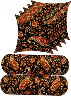 Swikon star Combo Set of 5 Cushion And 2 Microfibre Floral Bolster Pack of 7(Black, Orange1)
