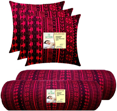 ACTOS 3 Cushion And 2 Microfibre Geometric Bolster Pack of 5(Maroon, Black14)