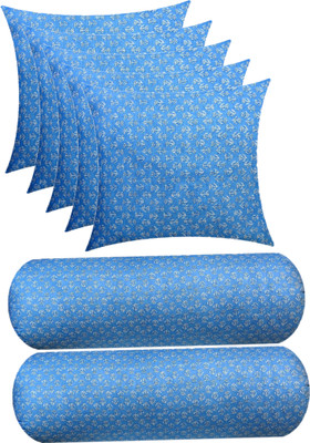 Swikon star Combo Set of 5 Cushion And 2 Microfibre Floral Bolster Pack of 7(Light Blue)