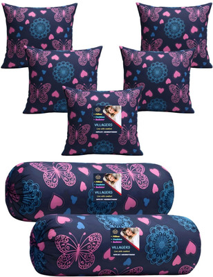 VILLAGERS Microfibre Bolster Pack of 7 Geometric Cushion & 2 Bolster Set - Butterfly Print(Dark Blue)