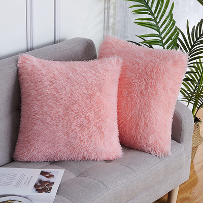 KNEFT Square Shape Fur Pillow Microfibre Solid Cushion Pack of 2(Pink)