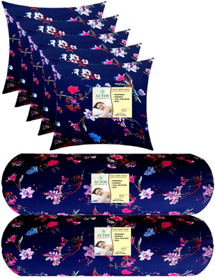 ACTOS Combo Set Of 5 Cushion And 2 Microfibre Floral Bolster Pack of 7(Blue, Multicolor6)