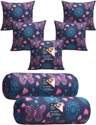 VILLAGERS Microfibre Bolster Pack of 7 Geometric Cushion & 2 Bolster Set - Butterfly Print(Dark Blue)