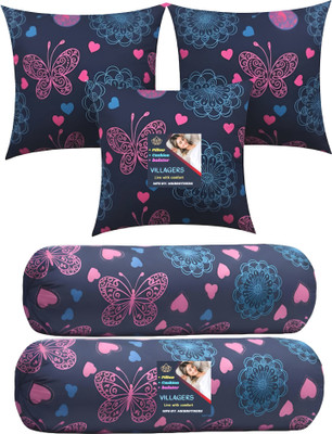 VILLAGERS Microfibre Bolster Pack of 5 Geometric 5 Cushion & 2 Bolster Set - Butterfly Print(Dark Blue)