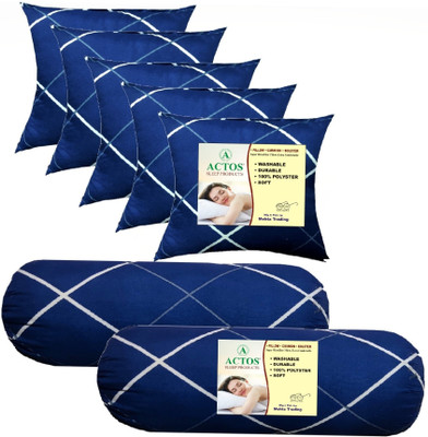 ACTOS 5 Cushion And 2 Bolster Microfibre Geometric Bolster Pack of 7(Dark Blue1)