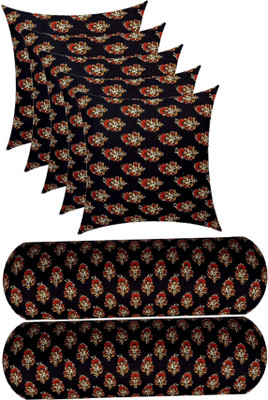 Changers Microfibre Bolster Pack of 7 Floral Combo Set of 5 Cushion And 2(Black, Maroon)