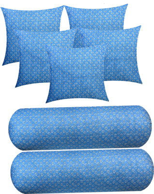 GKM Microfibre Bolster Pack of 7 Floral Combo Set of 5 Cushion And 2(Light Blue)