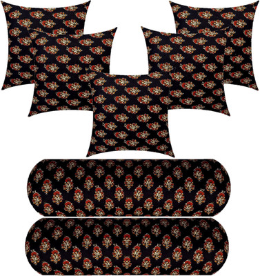 Swikon star 5 Cushion And 2 Microfibre Floral Bolster Pack of 7(Black)