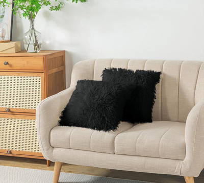 KNEFT Furry Pillow Square Shape for Sofa Microfibre Solid Cushion Pack of 2(Black)