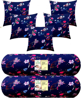 ACTOS Combo Set Of 5 Cushion And 2 Microfibre Floral Bolster Pack of 7(Blue, Multicolor16)