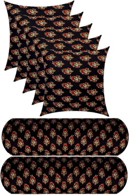 Swikon star 5 Cushion And 2 Microfibre Floral Bolster Pack of 7(Black)