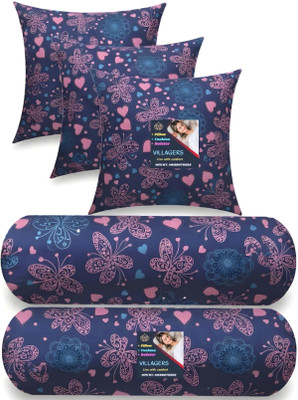 VILLAGERS Microfibre Bolster Pack of 5 Geometric 5 Cushion & 2 Bolster Set - Butterfly Print(Dark Blue)