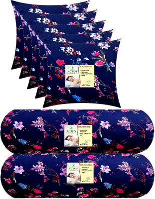 ACTOS Combo Set Of 5 Cushion And 2 Microfibre Floral Bolster Pack of 7(Blue, Multicolor27)
