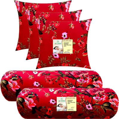 ACTOS Combo Set Of 3 Cushion And 2 Microfibre Floral Bolster Pack of 5(Maroon, Multi14)