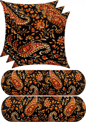 GKM Combo Set Of 3 Cushion And 2 Microfibre Floral Bolster Pack of 5(Black, Multicolor)