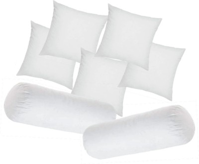 RACCOON Diwan Set Of 5 Cushion & 2 Microfibre Solid Bolster Pack of 7(White)