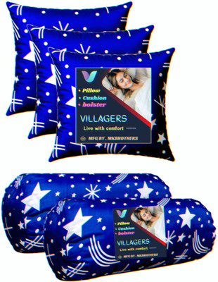 Jaipurlinen 3 Cushion and 2 bolster Polyester Fibre Abstract Bolster Pack of 5(Blue)