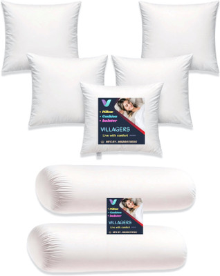 Jaipurlinen Polyester Fibre Bolster Pack of 7 Abstract 5 Cushion And 2 Bolster(White)