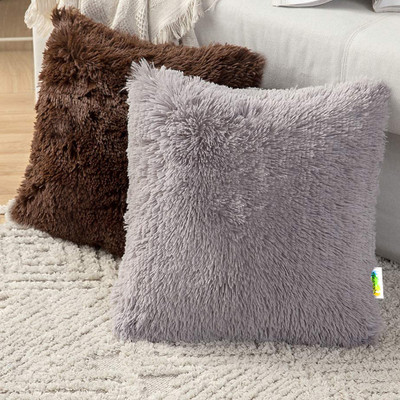 Cyuteenuts Fur pillow Microfibre Solid Cushion Pack of 2(Brown Grey)