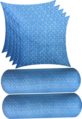 GKM Microfibre Bolster Pack of 7 Floral(Light Blue, White)