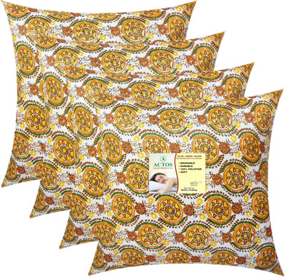 ACTOS Round Microfibre Floral Cushion Pack of 4(Yellow, Multicolor)