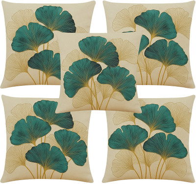 Flipkart SmartBuy Microfibre Cushion Pack of 5 Floral Royal Leaf(White, Blue)