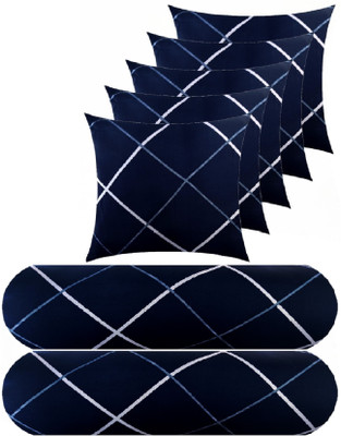 Changers Microfibre Bolster Pack of 7 Geometric 5 Cushion 2 bolster(Blue)