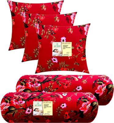ACTOS Combo Set Of 3 Cushion And 2 Microfibre Floral Bolster Pack of 5(Maroon)