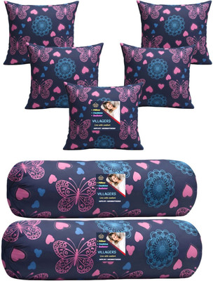 VILLAGERS Microfibre Bolster Pack of 7 Geometric Cushion & 2 Bolster Set - Butterfly Print(Dark Blue)