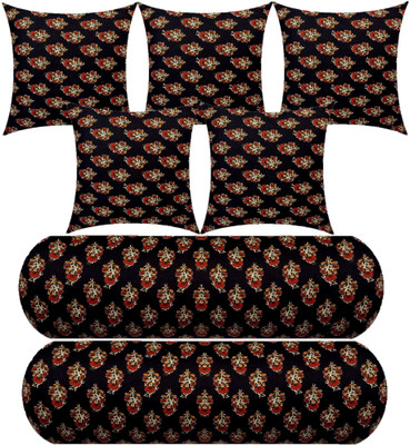 Swikon star 5 Cushion And 2 Microfibre Floral Bolster Pack of 7(Black)