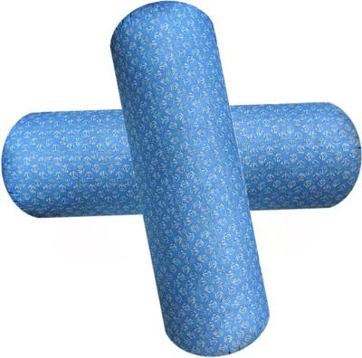GKM Round Bolster Microfibre Floral Sleeping Pillow Pack of 2(Light Blue, White)