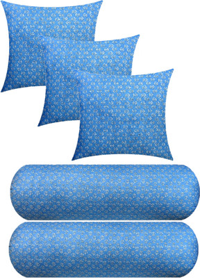 Swikon star 3 Cushion And 2 Microfibre Floral Bolster Pack of 5(Light Blue)