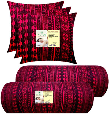 ACTOS 3 Cushion And 2 Microfibre Geometric Bolster Pack of 5(Maroon)